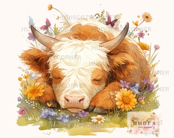 4 Baby Watercolor Sleeping Highland Cow Clipart PNG, Cute Animal Clipart, Wildflower Farm Animal Nursery, High Quality, Digital Download