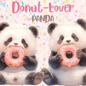 5 clipart fofos de panda comendo donuts, pacote de panda bebê aquarela, amante de donuts, ilustração de berçário PNG, decorações de chá de bebê