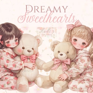 36 Vintage Pajama Girl Clipart, Cute Girls In Pastel Pink Pajama with Teddy Bear, Printable JPG For Paper Crafts, Scrapbooking, Junk Journal