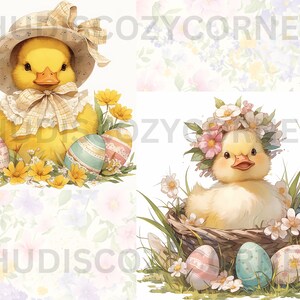 May include: Two yellow ducklings with Easter eggs. One duckling is wearing a straw hat with a plaid bow and the other is wearing a flower crown. Both ducklings are surrounded by flowers and green grass.