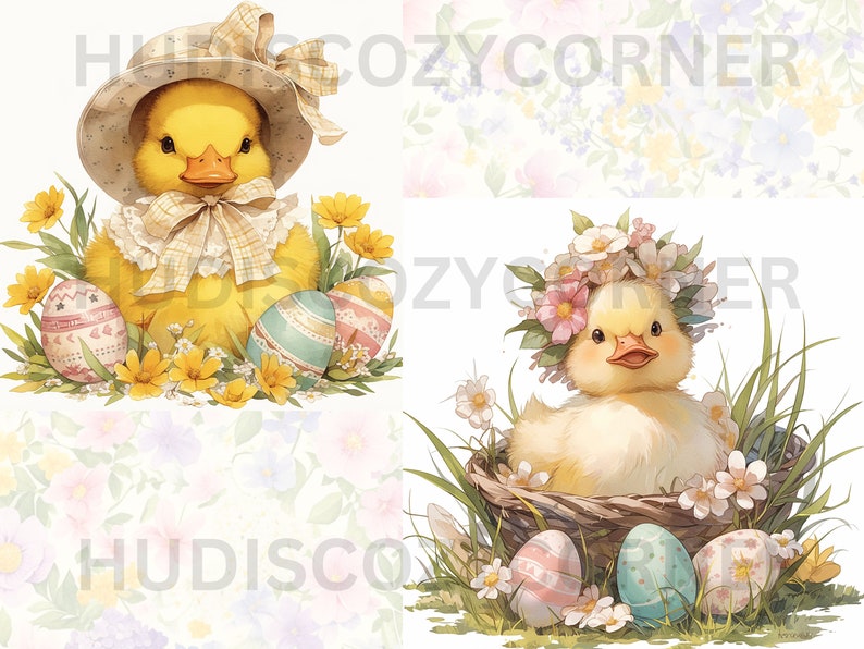 May include: Two yellow ducklings with Easter eggs. One duckling is wearing a straw hat with a plaid bow and the other is wearing a flower crown. Both ducklings are surrounded by flowers and green grass.