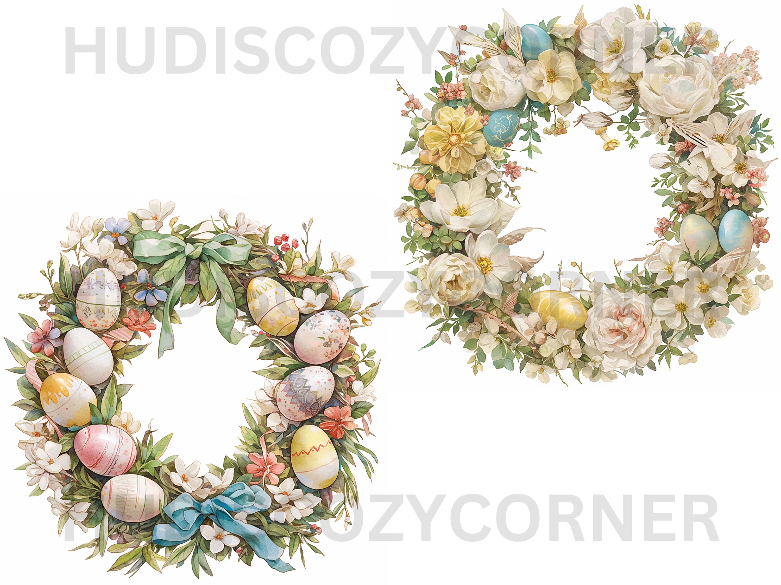 8 Easter Wreath Clipart, Watercolor Easter Egg Floral Spring Wreaths ...