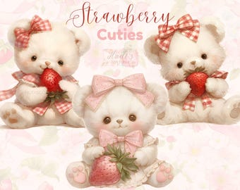 13 Cute Strawberry Teddy Bear Clipart, Watercolor Vintage Teddies with Strawberries, Printable Sublimation Digital Download, Commercial Use