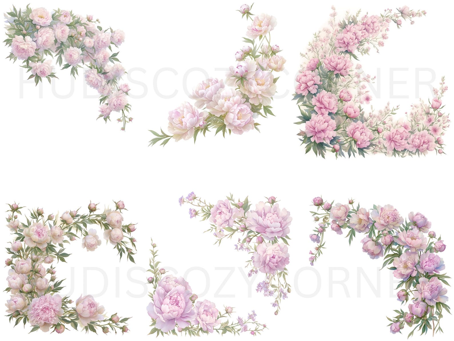 37 Soft White and Pink Peony Floral Border Clipart, Watercolor Peonies ...