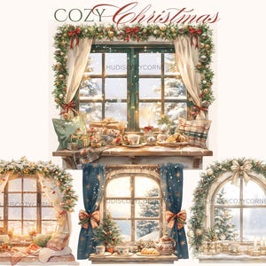 Puede incluir: Tres ilustraciones de acogedoras ventanas navideñas con nieve cayendo afuera. Cada ventana está decorada con una guirnalda de ramas de coníferas, lazos rojos y adornos. La ventana superior tiene una vista de un bosque nevado, mientras que las dos ventanas inferiores muestran una vista de un pueblo nevado.