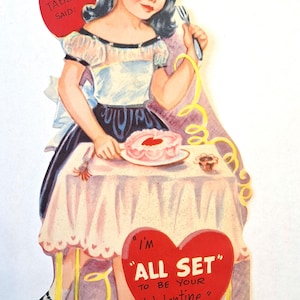Vintage Original große Valentinsgrußkarte Glitter Abendtisch Mädchen