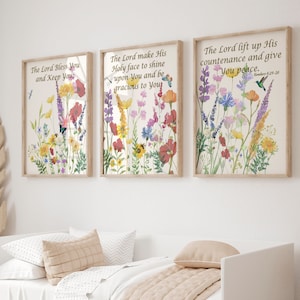 Wildflower Bible verse wall art, Christian Nursery decor, Wildflowers prints, Boho flower nursery wall art, The Lord bless you printable