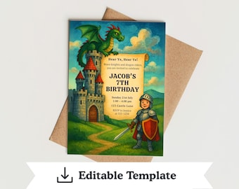 Editable Dragon & Knight Birthday Invitation | Medieval Castle Party Canva Template | Printable Kids Party Invite