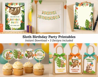 May include: A collection of sloth-themed birthday party printables. The image includes a framed poster, a banner, invitation cards, cupcake toppers, and gift tags. The designs feature a cartoon sloth, tropical leaves, and the text "Welcome to my Birthday Party!" and "Happy Birthday!"