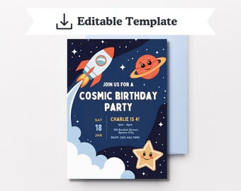 Plantilla editable de invitación de cumpleaños espacial / Invitación infantil de Rocket Galaxy / Descarga instantánea de Canva