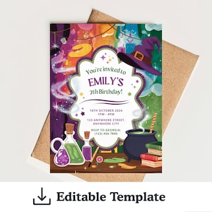Peut inclure: Une invitation d'anniversaire colorée sur le thème de la sorcière. L'invitation indique "You're invited to Emily's 7th Birthday!" et comprend la date, l'heure et le lieu. Le design présente un chapeau de sorcière, des fioles de potion et un chaudron.