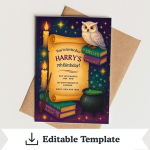 May include: A colorful birthday invitation with a magical theme. The design features an owl, candles, books, and a cauldron. The invitation text reads "You're invited to Harry's 7th Birthday!" with event details. The invitation is on a brown envelope.