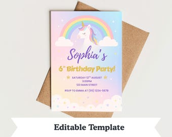 Editable Unicorn Birthday Invitation | Rainbow Template | Magical Pastel Kids Party Invite | Instant Printable Download