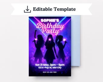 Bewerkbare verjaardagsuitnodiging K-Pop-concert | Neon popidoolfeest canvassjabloon | Afdrukbare kinderuitnodiging