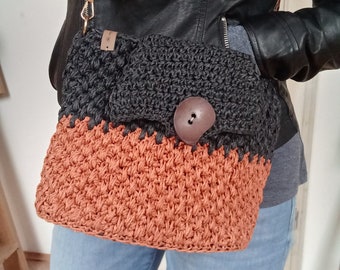 Handmade crochet shoulder bag, Spring summer crossbody, Urban style orange black purse, Raffia handbag, Handcrafted casual top handle bag