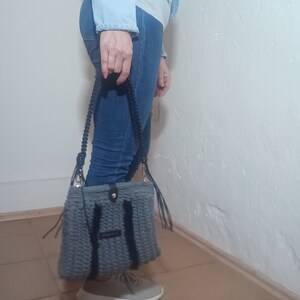 Grey crochet handbag with vintage-inspired handle, Stylish crochet purse, Elegant bag with vintage charm, Handmade urban style purse image 10