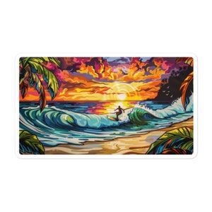 May include: A colorful illustration of a surfer riding a wave at sunset. The sky is filled with vibrant orange, pink, and purple clouds. Palm trees line the beach in the foreground.