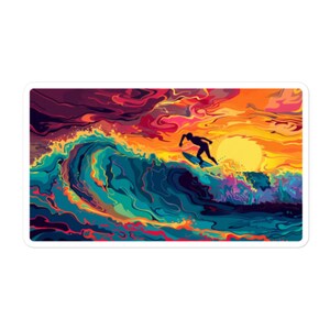 May include: A silhouette of a surfer riding a large wave with a colorful abstract design. The background is a sunset with orange, yellow, and red hues.