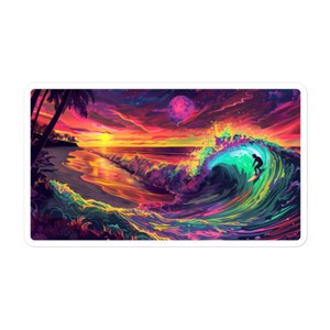 May include: A vibrant sunset over a beach with a surfer riding a large, colorful wave. The sky is filled with pink, orange, and purple hues, and the wave is a mix of green, blue, and purple.