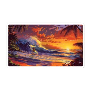 May include: A surfer rides a large wave at sunset. The sky is a vibrant orange and pink, with palm trees silhouetted against the horizon.