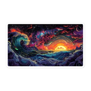 May include: A psychedelic illustration of a giant wave crashing in a cosmic ocean. The wave is a vibrant blue and green, with a surfer riding on top. The sky is a mix of red, orange, and purple, with stars and planets scattered throughout.