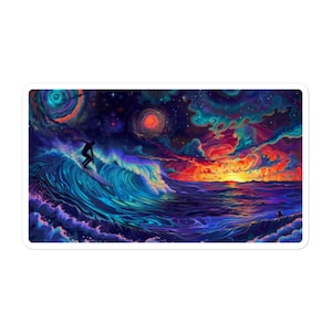 May include: A surreal digital painting of a surfer riding a large wave with a colorful, starry sky and a fiery sunset in the background.