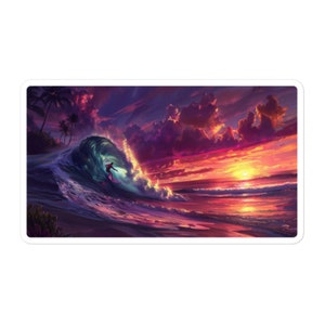 May include: A surfer rides a large wave at sunset. The sky is a vibrant mix of pink, orange, and purple. The ocean is a deep blue with white foam.