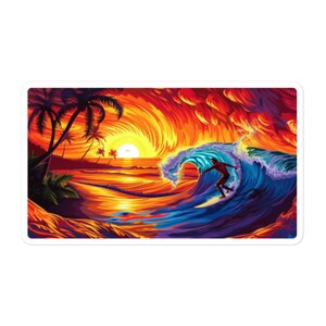 May include: A vibrant sticker featuring a surfer riding a large wave at sunset. The artwork showcases a dynamic scene with a surfer silhouetted against a fiery orange and red sky, with palm trees on the left. The wave is a mix of blue and white.