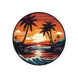 May include: A circular illustration of a sunset over a beach with palm trees and waves. The sky is orange and red, and the sun is setting behind the palm trees. The waves are blue and white, and the beach is sandy.