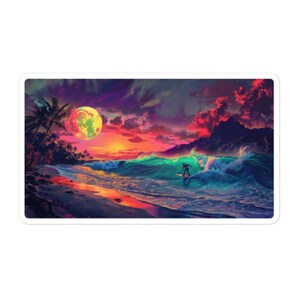 May include: A vibrant sunset over a tropical beach with a surfer riding a wave. The sky is a mix of pink, purple, and orange, with a large, yellow moon in the background. The water is a turquoise blue, and the beach is sandy.