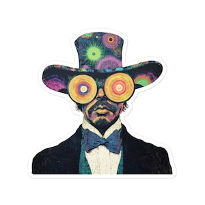 May include: A colourful illustration of a person wearing a top hat with a psychedelic pattern, a bow tie, and round, colourful glasses. The background is white.