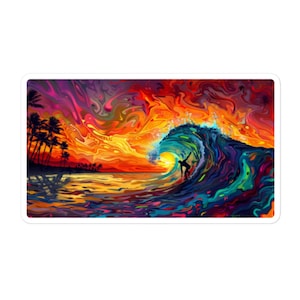 May include: A colorful abstract painting of a surfer riding a wave at sunset. The sky is a mix of orange, yellow, and red, with swirls of purple and blue. The wave is a vibrant blue and green, with splashes of yellow and orange. The surfer is a silhouette against the setting sun.