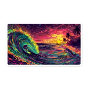 May include: A vibrant digital art print of a surfer riding a large wave at sunset. The wave is a swirling mix of green, blue, and yellow, with a pink and orange sky in the background. Palm trees are silhouetted against the sunset.