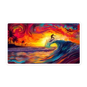 May include: A colorful abstract painting of a surfer riding a wave at sunset. The sky is a mix of red, orange, yellow, and blue, and the wave is a deep blue with streaks of green and purple. There are palm trees in the background.