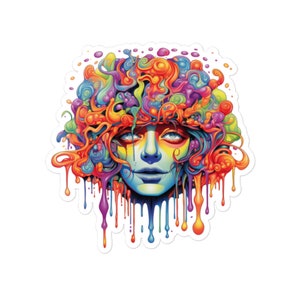 Pode incluir: Uma ilustração abstrata colorida de um rosto com tinta pingando. O rosto é cercado por redemoinhos de cores vibrantes, incluindo vermelho, laranja, amarelo, verde, azul e roxo.