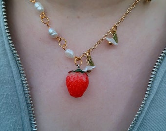 Strawberry necklace | Strawberry pearl necklace | Strawberry flower necklace