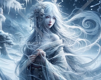 Yuki-onna - The Snow Woman Download: Digital Art, Instant Downloadable Wallpaper, Downloadable Japanese Art, Digital Poster