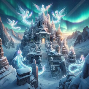 May include: A snowy mountaintop temple with a large, ornate entrance and a series of steps leading up to it.  Several glowing, ethereal dragons are flying around the temple, creating a magical and mystical atmosphere.