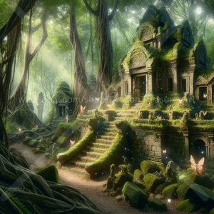 Ancient Forest Ruins Download: Digital Art, Instant Downloadable Wallpaper, Downloadable Fantasy Art, Digital Poster, City Art, Mythology
