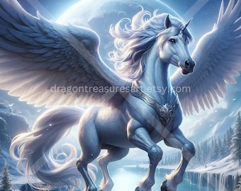 Snow Pegasus Download: Digital Art, Instant Downloadable Wallpaper, Downloadable Fantasy Art, Digital Poster, Beast Art, Mythology