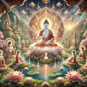 Reines Land des Amitabha Download: Digitale Kunst, sofort herunterladbare Tapete, herunterladbare Fantasy Kunst, digitales Poster, Buddha, Buddhismus