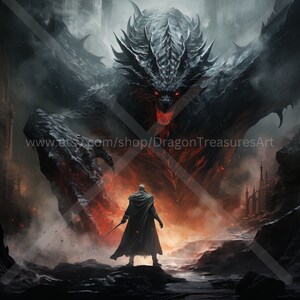 Dark Dragon vs. Dragon Slayer Download: Digital Art, Instant Downloadable Wallpaper, Downloadable Fantasy Art, Digital Poster, Dragon Art