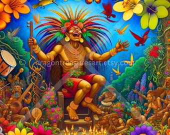 May include: A colorful painting of a person wearing a headdress with feathers and flowers, sitting on a throne surrounded by musicians and flowers. The person is singing and holding a staff. The painting is set against a blue background with birds flying around.