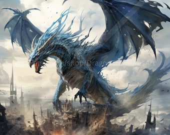 Blue Dragon - City Destruction Download: Digital Art, Instant Downloadable Wallpaper, Downloadable Fantasy Art, Digital Poster, Dragon Art