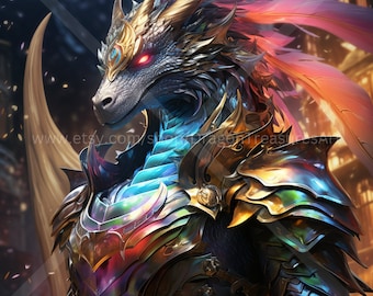 Chevalier dragon aurore boréale à télécharger : art numérique, papier peint à téléchargement immédiat, art fantastique téléchargeable, affiche numérique, art du dragon