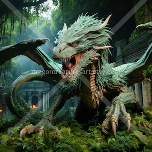 Forest Shrine Dragon Download: Digital Art, Instant Downloadable Wallpaper, Downloadable Fantasy Art, Digital Poster, Mythical