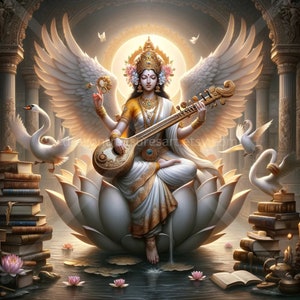 Saraswati Download: Digital Art, Instant Downloadable Wallpaper, Downloadable Fantasy Art, Digital Poster, Hindu Art, Mythology