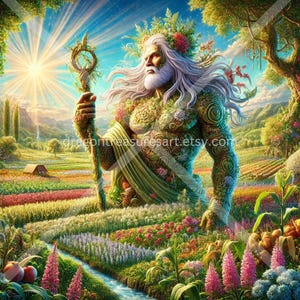 May include: A large, green, muscular figure stands in a field of flowers and crops. The figure has a long white beard and hair, and is wearing a wreath of flowers. The figure is holding a staff with a curved top. The background is a bright blue sky with a sun shining brightly.
