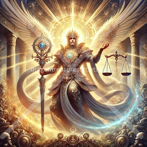 May include: A golden angel with large white wings, a crown, and a staff, stands in a radiant light. The angel holds a scale in one hand and a staff in the other. The angel is surrounded by a golden glow and a halo.