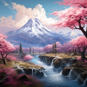Cherry Blossom & Mountain Download: Digital Art, Instant Downloadable Wallpaper, Downloadable Fantasy Art, Digital Poster, Mountain Art